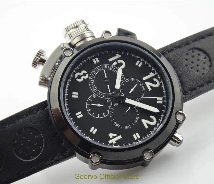 50mm GEERVO left hand crown black dial Automatic Self-Wind movement Auto Date Men's watch cow Leather strap PVD case 132A
50mm GEERVO left hand crown black dial Automatic Self-Wind movement Auto Date Men's watch cow Leather strap PVD case 132A