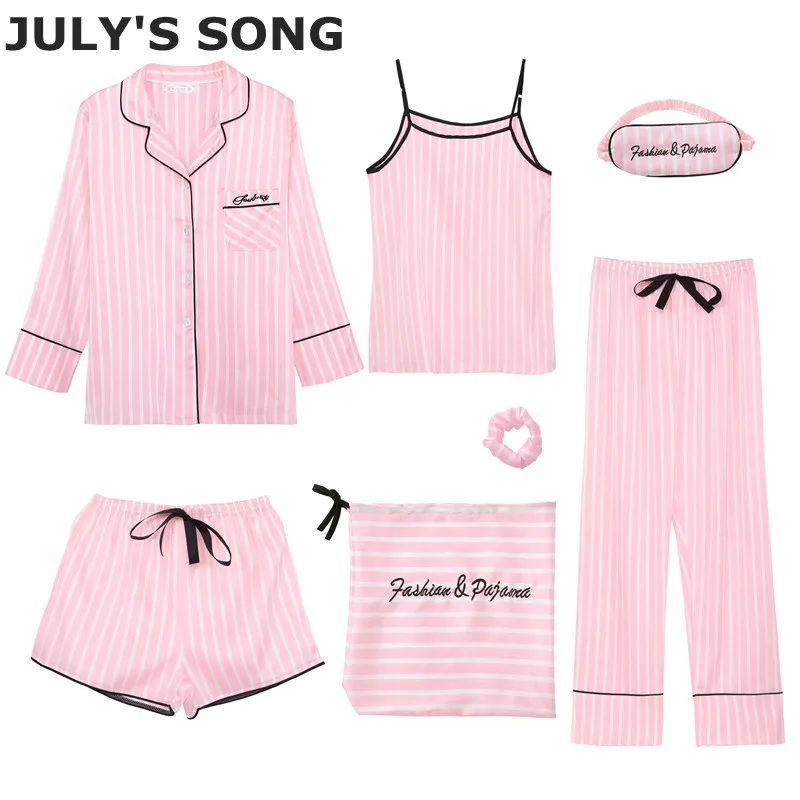 JULY'S SONG Pink Women's Emulation Silk Striped Pajamas 7 Pieces Pajamas Sets Women Sleepwear Sets Spring Autumn Homewear
JULY'S SONG Pink Women's Emulation Silk Striped Pajamas 7 Pieces Pajamas Sets Women Sleepwear Sets Spring Autumn Homewear
