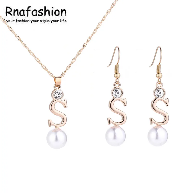 RNAFASHION Initial S Letter Alphabet Simulated Pearl Necklaces Earring Pendants Fashion Women Jewelry Sets Yellow Gold Filled | Украшения и