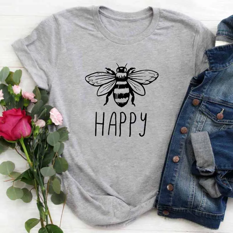 Пчела счастливым футболка Повседневное летняя с круглым вырезом вдохновляющие