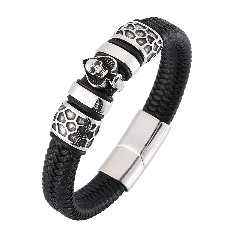 Punk Spades Skull Jewelry Men Bracelet Charms Stainless Steel Bangles Black Wide Braided Men's Leather Bracelets BB0122
Punk Spades Skull Jewelry Men Bracelet Charms Stainless Steel Bangles Black Wide Braided Men's Leather Bracelets BB0122
