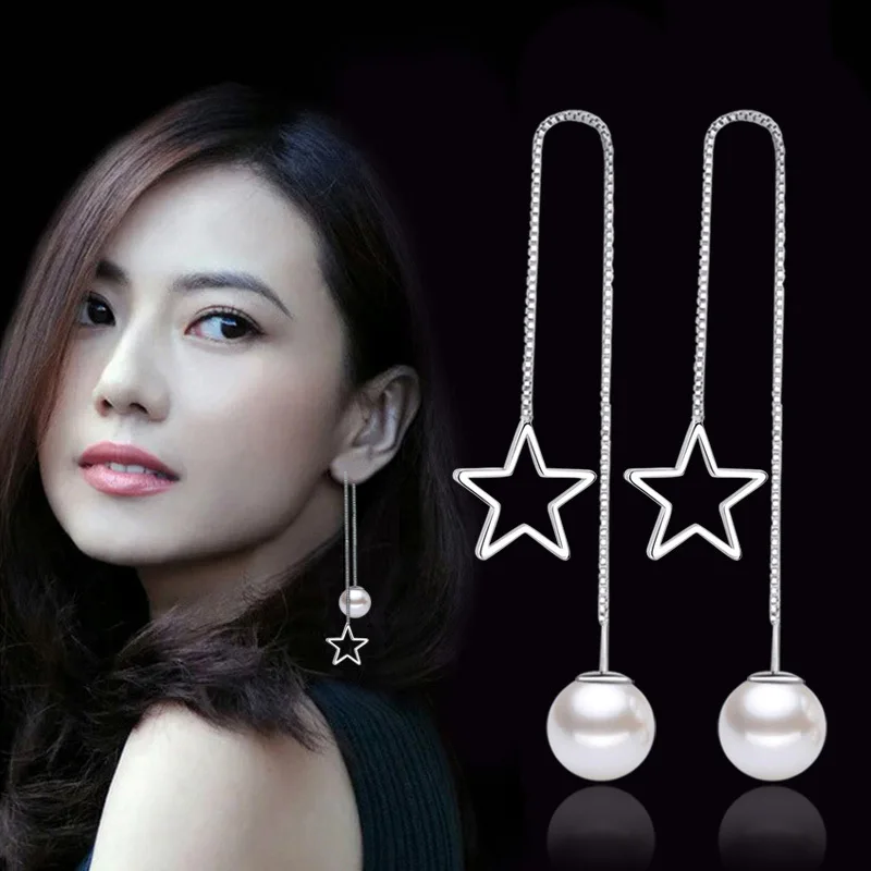 100% 925 sterling silver fashion little star pearl ladies long stud earrings women jewelry birthday gift wholesale
100% 925 sterling silver fashion little star pearl ladies long stud earrings women jewelry birthday gift wholesale