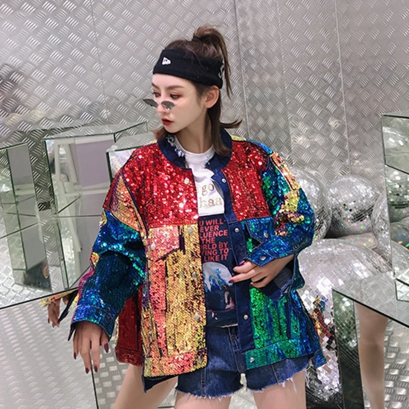 SexeMara/Модная Новинка разноцветная джинсовая куртка свободного кроя с блестками