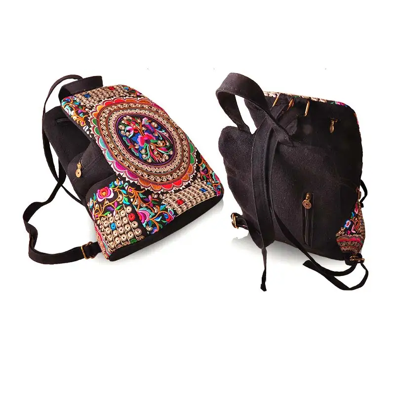 

Винтажный женский холщовый рюкзак в этническом стиле, дорожные сумки ручной работы с цветочной вышивкой, школьные ранцы
