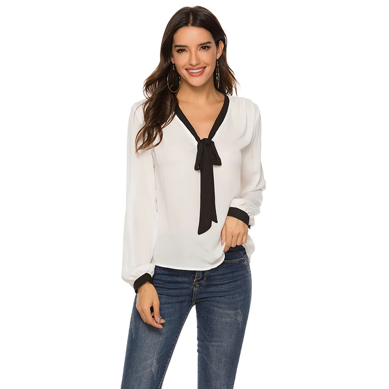 New Bow V Neck Long Sleeve Workwear Blouse Casual Tops Women Chiffon Shirt Contrast Color Shirts
New Bow V Neck Long Sleeve Workwear Blouse Casual Tops Women Chiffon Shirt Contrast Color Shirts