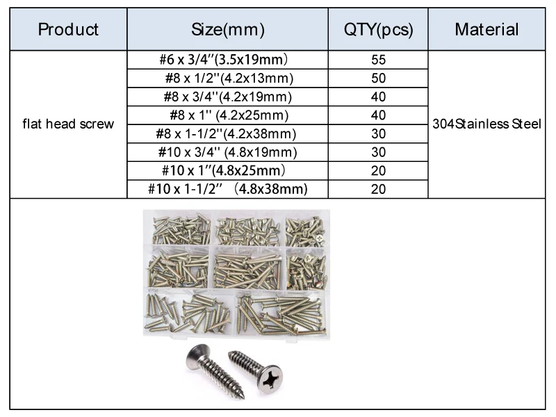 Phillips Flat Head Self Tapping Screw Thread Cross Recessed Countersunk Bolt Set Assortment Kit Box 304Stainless steel #6 #8 #10
Phillips Flat Head Self Tapping Screw Thread Cross Recessed Countersunk Bolt Set Assortment Kit Box 304Stainless steel #6 #8 #10