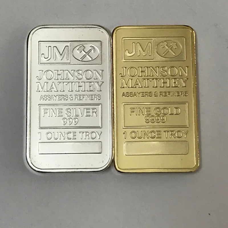 

2 Pcs The Johnson Matthey JM coin 1 OZ 24K real gold silver plated plated ingot badge 50 x 28 mm souvenir decoration bullion bar