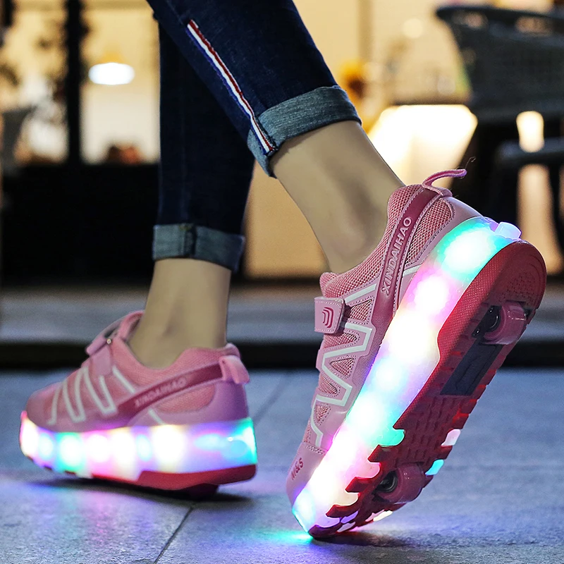 Eur28-40// Two Wheels USB Charging Glowing Sneakers on Led Light Heelys Roller Skate Shoes for Children led light shoes | Детская одежда