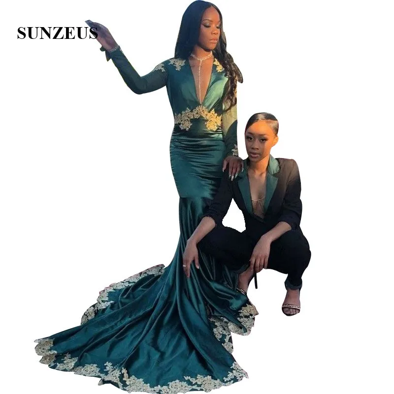Green Mermaid Prom Dress With Gold Appliques Sexy Deep V-neck Long Tulle Sleeves Party Gowns Satin Formal Robe
Green Mermaid Prom Dress With Gold Appliques Sexy Deep V-neck Long Tulle Sleeves Party Gowns Satin Formal Robe