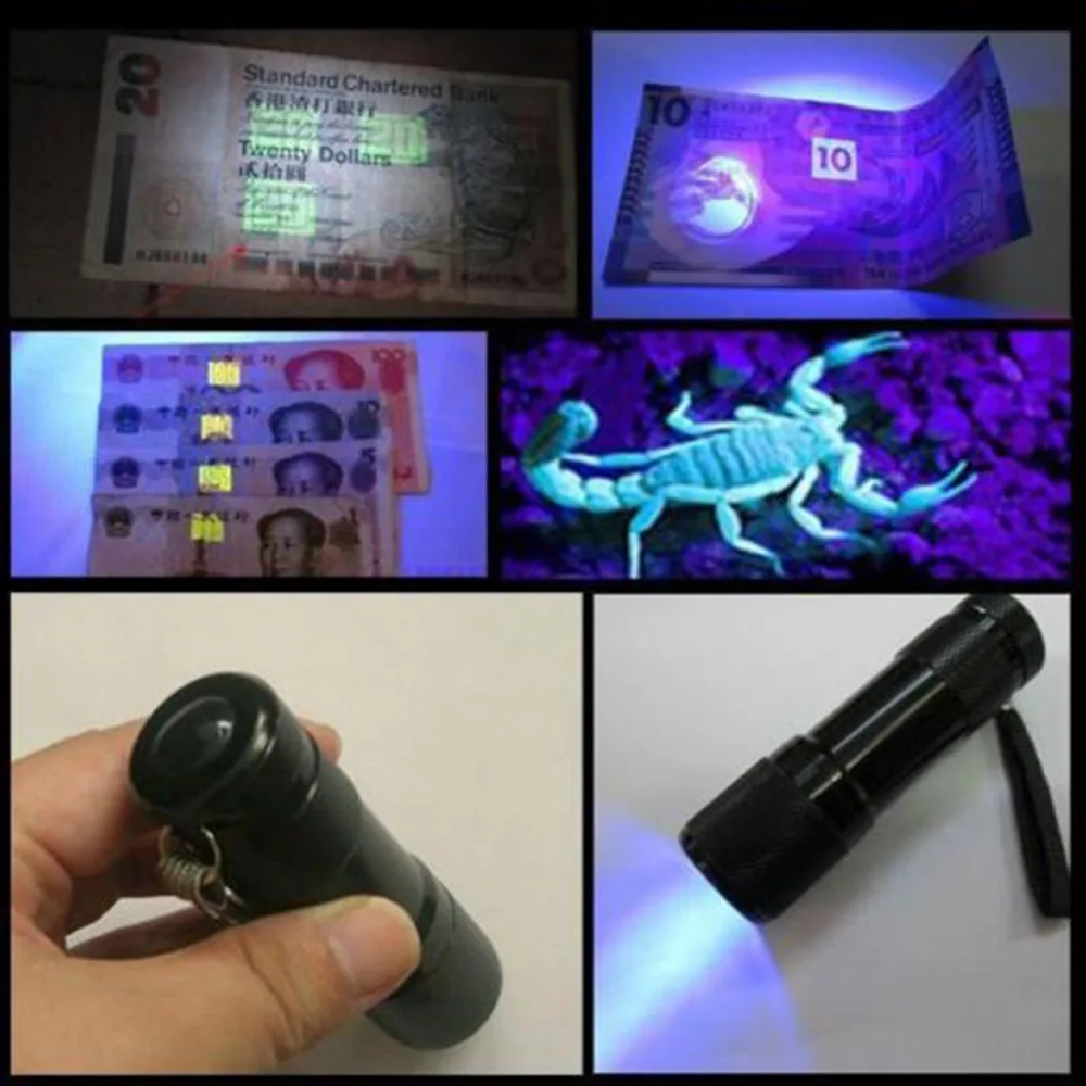 Черный мини алюминиевый портативный УФ ультрафиолетовый Blacklight 9 Светодиодный