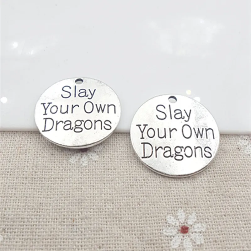 20pc/lot 25mm Ancient silver color alloy metal lettering Slay Your Own Dragons charm pendant for bracelet DIY jewelry fitting
20pc/lot 25mm Ancient silver color alloy metal lettering Slay Your Own Dragons charm pendant for bracelet DIY jewelry fitting