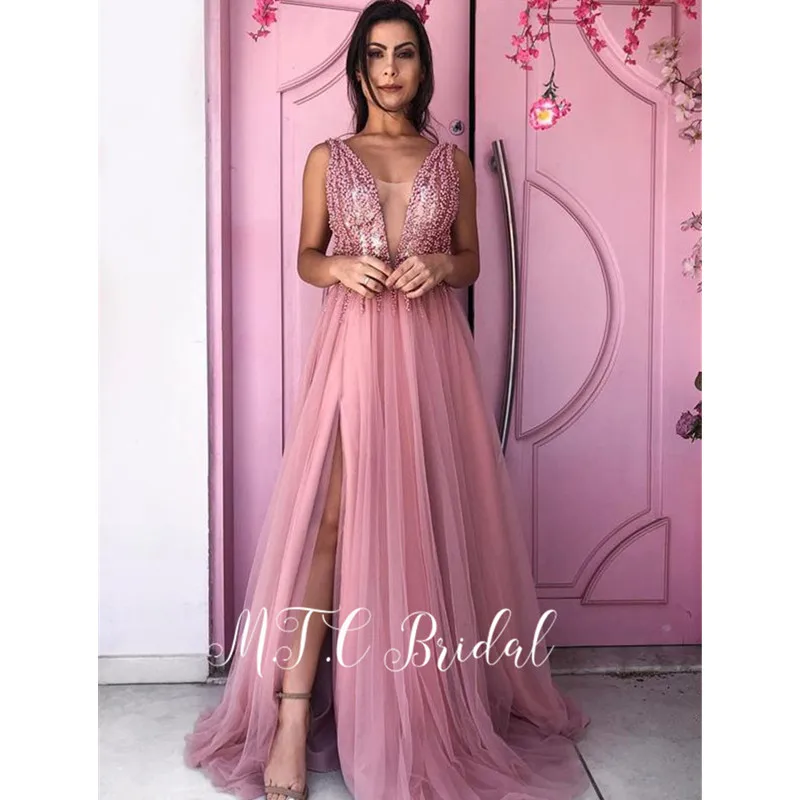 Newest Dusty Pink Evening Dresses Side Slit Beading V Neck A Line Tulle Long Formal Dress 2019 Custom Made Women Occasion Gowns
Newest Dusty Pink Evening Dresses Side Slit Beading V Neck A Line Tulle Long Formal Dress 2019 Custom Made Women Occasion Gowns