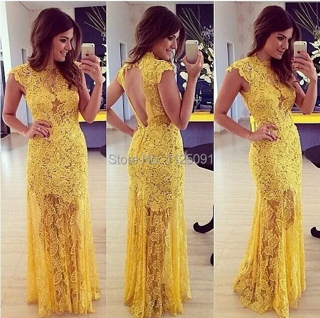 A-line High Collar Cap Sleeves Yellow Lace Long Sexy Vestido De Party Evening Dresses Evening Gown Prom Dresses Custom Made
A-line High Collar Cap Sleeves Yellow Lace Long Sexy Vestido De Party Evening Dresses Evening Gown Prom Dresses Custom Made