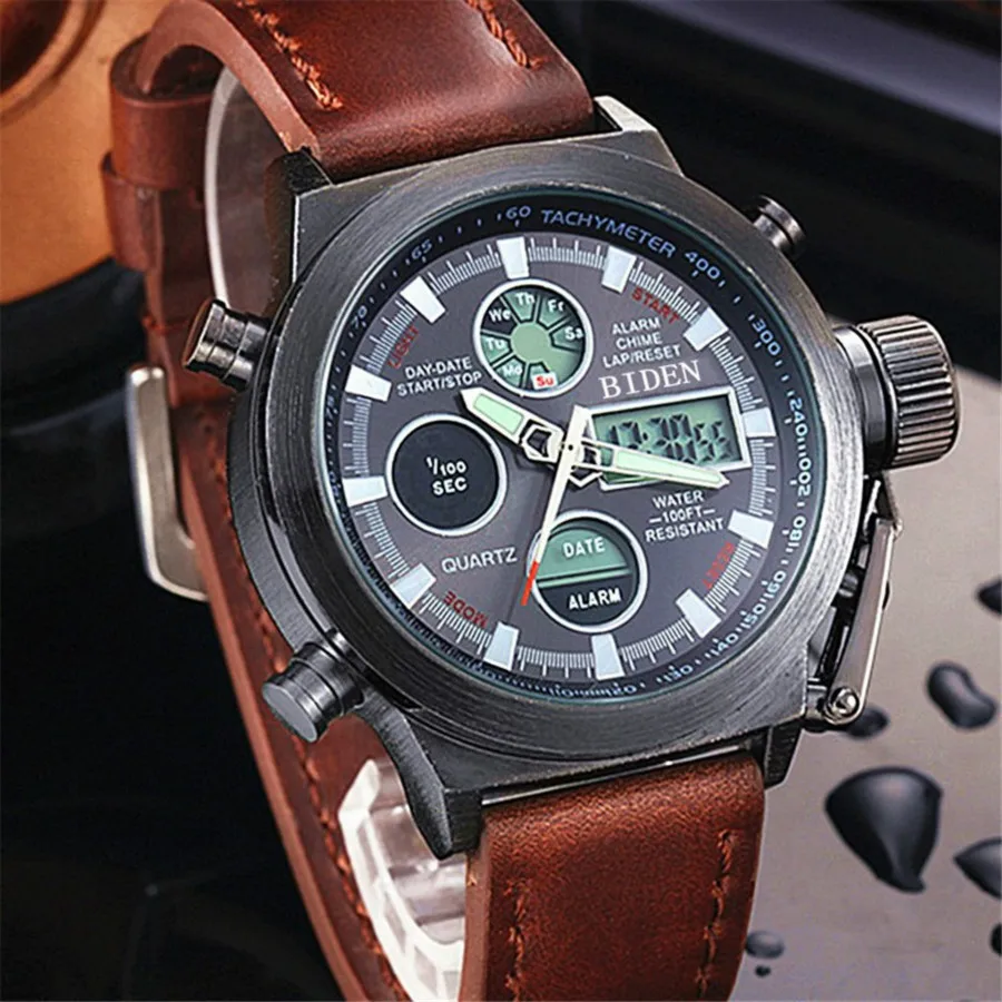 

BIDEN Military Watches Dive 50M Leather Strap LED Watches Men Top Brand Luxury Quartz Watch Reloj Hombre Relogio Masculino 2018