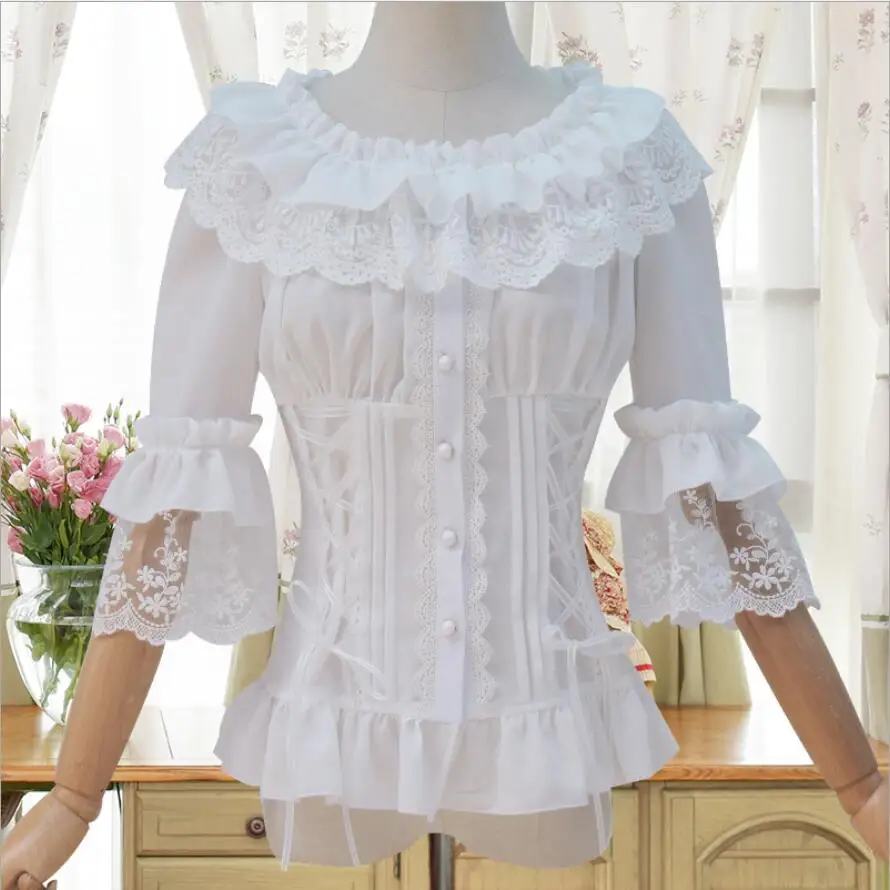 

Sweet Three Quarter Trumpet sleeves Lolita Women's Shirt Gothic Chiffon Lace Ruffle Blouse lolita victorian classic lolita Shirt