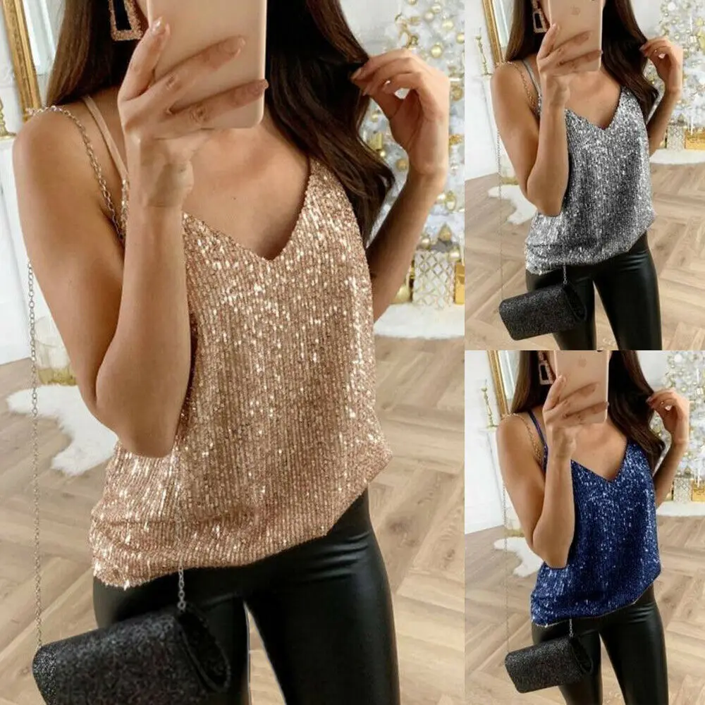 Sequined Bling Shiny Tank Top Womens Summer Strappy Bandage Vest Ladies Sleeveless Blouse Casual Loose Tank Tops
Sequined Bling Shiny Tank Top Womens Summer Strappy Bandage Vest Ladies Sleeveless Blouse Casual Loose Tank Tops