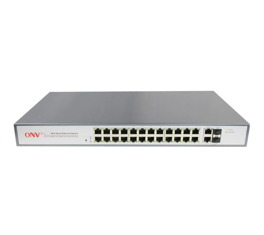 26-Port Managed Ethernet Switch with 24 10/100M Ports and 2 Gigabit Combo Ports
26-Port Managed Ethernet Switch with 24 10/100M Ports and 2 Gigabit Combo Ports