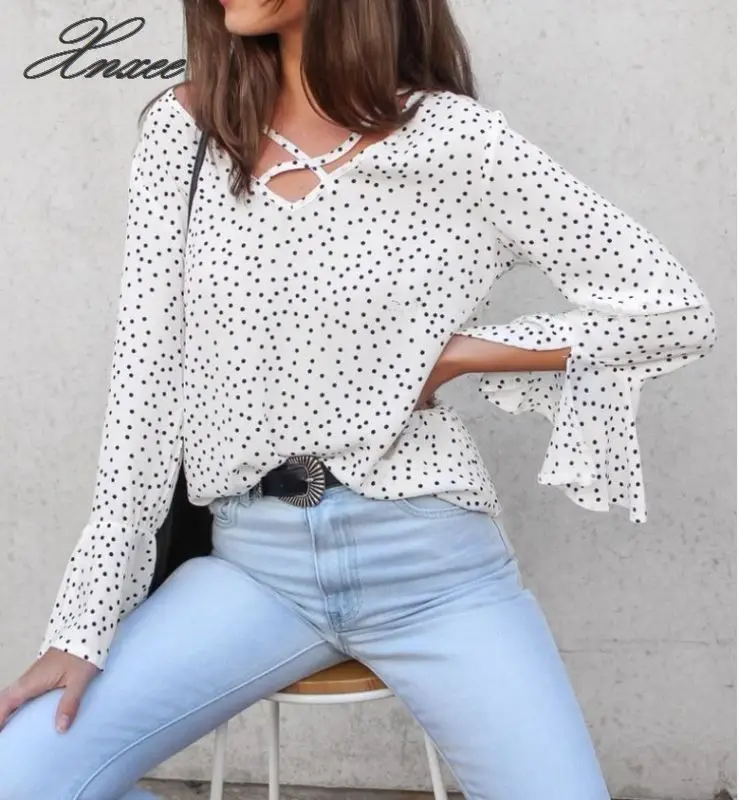 Casual Polka Dot White Womens Tops and Blouses 2020 Summer V-neck Flare Sleeve Chiffon Blouse Women
Casual Polka Dot White Womens Tops and Blouses 2020 Summer V-neck Flare Sleeve Chiffon Blouse Women