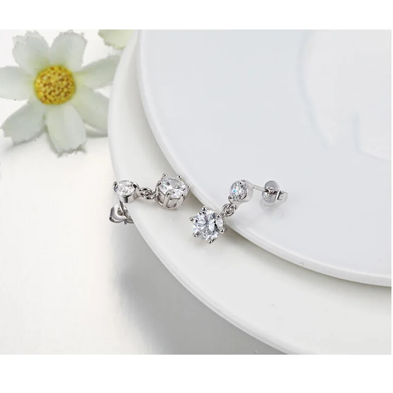 100% Real 925 Sterling Silver Dangle Earrings With 6mm Stone For Women