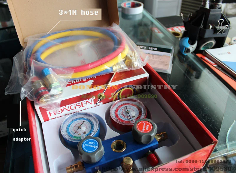 Automobile refrigerant charging manifold gauge HS-236 QC-12 For R134 with quck adapter
Automobile refrigerant charging manifold gauge HS-236 QC-12 For R134 with quck adapter