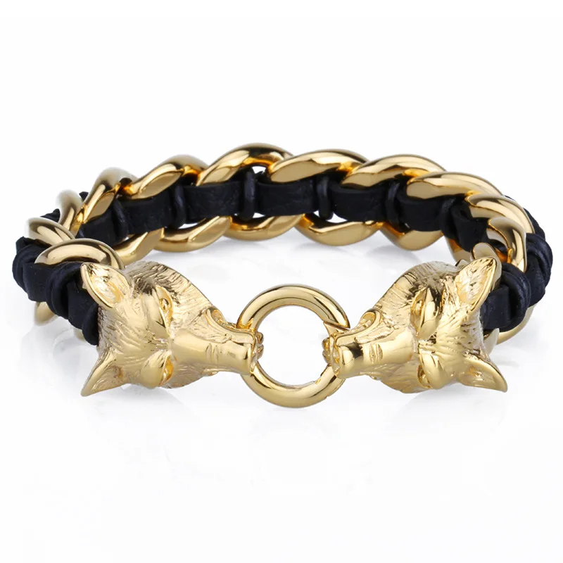 22cm*16mm 98g Promotion Sale 316L Stainless Steel Gold color Cool Wolf Black Leather Men's Bracelets Bangles,Fashion Jewelry 
22cm*16mm 98g Promotion Sale 316L Stainless Steel Gold color Cool Wolf Black Leather Men's Bracelets Bangles,Fashion Jewelry