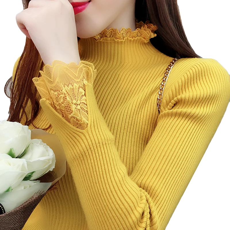Women Knit Sweater Pullover 2020 New Fashion Lace Panel Long Sleeve Half Turtleneck Elastic Knit Bottoming Shirt Sweater Female
Women Knit Sweater Pullover 2020 New Fashion Lace Panel Long Sleeve Half Turtleneck Elastic Knit Bottoming Shirt Sweater Female