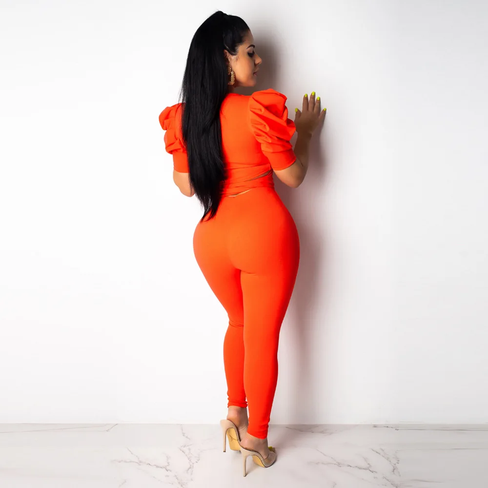 Woman Solid Color 2 Piece Suit Wrap V Neck Short Puff Sleeve T-shirt Crop Top Lace Up Slim Pants Matching Sets
Woman Solid Color 2 Piece Suit Wrap V Neck Short Puff Sleeve T-shirt Crop Top Lace Up Slim Pants Matching Sets