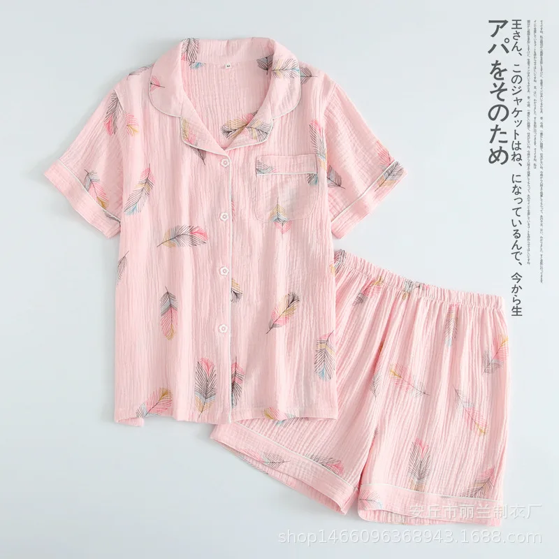 New Summer Short-sleeved Shorts Pajamas for Women 100% Cotton Crepe Cartoon Feather Print Pyjamas Turn-down Collar Home Suit
New Summer Short-sleeved Shorts Pajamas for Women 100% Cotton Crepe Cartoon Feather Print Pyjamas Turn-down Collar Home Suit