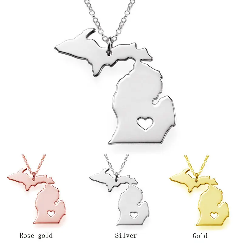 New Fashion USA State Map Pendant Necklace Michigan Love Heart Charm Stainless Steel Link Chain Women Wonderful Jewelry | Украшения и