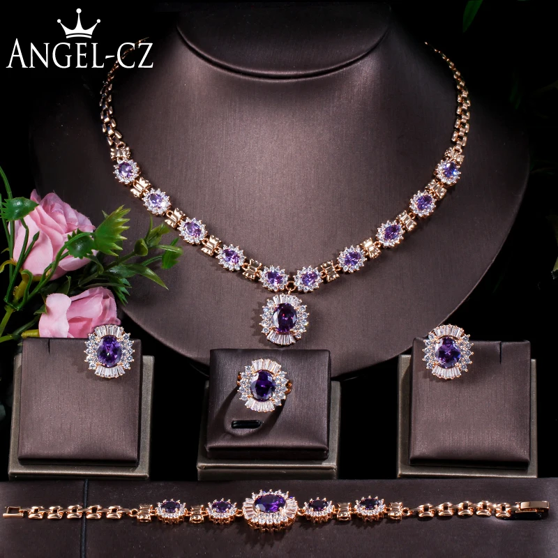 ANGELCZ Noble African Yellow Gold Color Purple Cubic Zirconia Stone Dubai Indian 4Pcs Wedding Bridal Jewelry Set for Women AJ178
ANGELCZ Noble African Yellow Gold Color Purple Cubic Zirconia Stone Dubai Indian 4Pcs Wedding Bridal Jewelry Set for Women AJ178