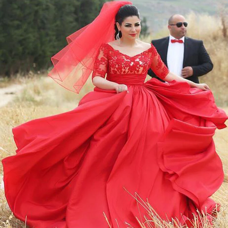 Romantic Red Wedding Dresses Plus Size Half Sleeves Bridal Dress V-neck Sexy Appliques With Veil A-Line Wedding Gown
Romantic Red Wedding Dresses Plus Size Half Sleeves Bridal Dress V-neck Sexy Appliques With Veil A-Line Wedding Gown