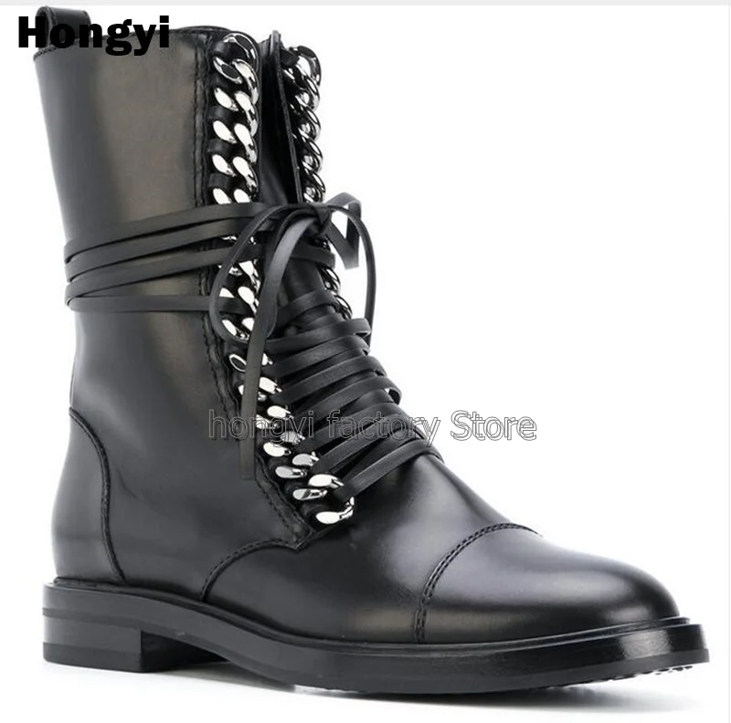 Black Leather Gold Silvery Chain Ankle Boots Round Toe Lace-up Flat Winter Short Boots Women Ridding Boot Strap Motorcycle Boot
Black Leather Gold Silvery Chain Ankle Boots Round Toe Lace-up Flat Winter Short Boots Women Ridding Boot Strap Motorcycle Boot