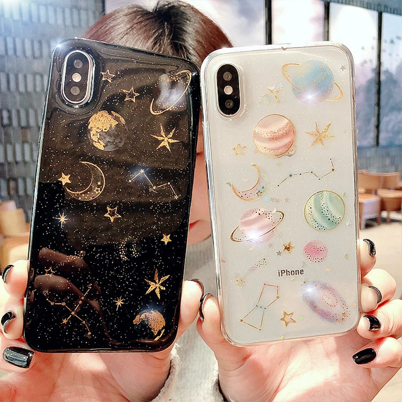 Мягкий силиконовый чехол Shining Planet Stars для iPhone 11 Pro X XR XS MAX блестящие чехлы с Луной 7 8