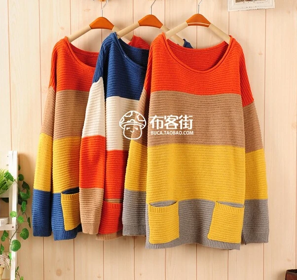 MY-042 New Striped Patchwork Women Sweater Pullovers Bat Long Sleeve O-neck With Pocket Autumn Knitted Sweaters
MY-042 New Striped Patchwork Women Sweater Pullovers Bat Long Sleeve O-neck With Pocket Autumn Knitted Sweaters
