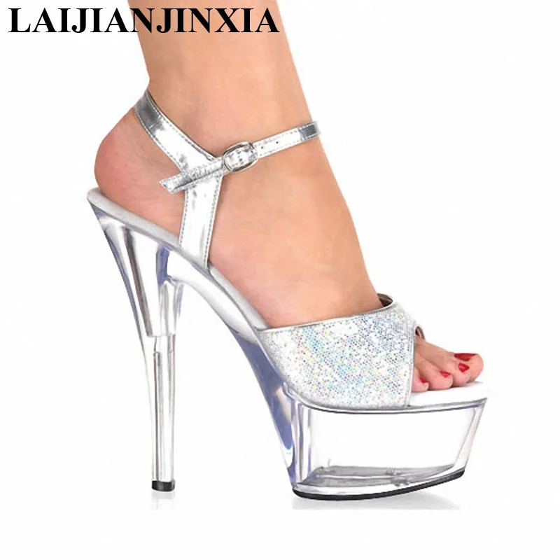 

LAIJIANJINXIA New Women's Shoes Platform Crystal Shoes Wedding Shoes Shiny Silver Paillette 15CM Ultra High Heels Sandals