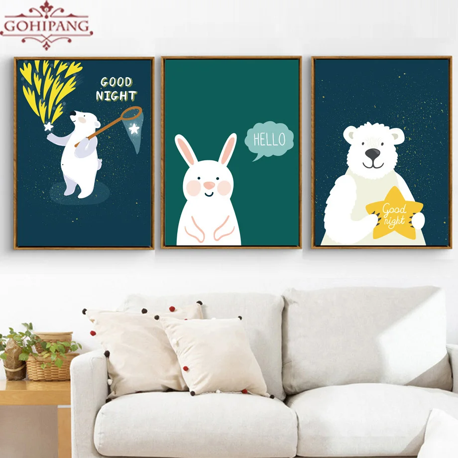 Framed Cartoon Moon Rabbit Wall Art Posters And Prints Canvas Painting Animal Pictures Nursery Room Decoration | Дом и сад