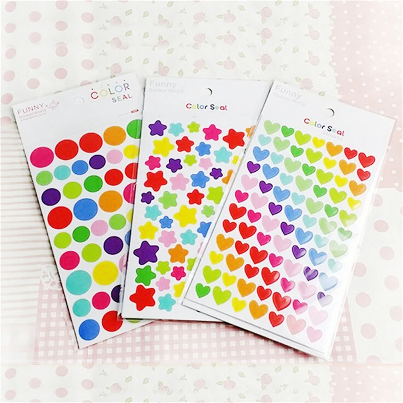 6 sheets Love Heart Dot Star Shape Cute Teacher Reward Sticker Labels For School Gift Kid Hand Body Sticker Toys
6 sheets Love Heart Dot Star Shape Cute Teacher Reward Sticker Labels For School Gift Kid Hand Body Sticker Toys