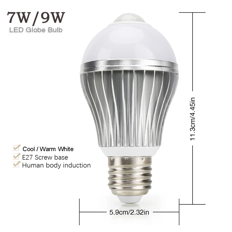 PIR Sensor Light Blub Night Light E27 LED Lamp with Motion Sensor 85-265V 7W 9W Auto ON OFF Sensitive Detector Cold Warm White
PIR Sensor Light Blub Night Light E27 LED Lamp with Motion Sensor 85-265V 7W 9W Auto ON OFF Sensitive Detector Cold Warm White