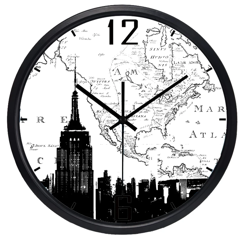 

Map New York Empire State Building Hotel Lobby Study gift Wall Clock Silent Retro Creative European Style Round Wall Clock
