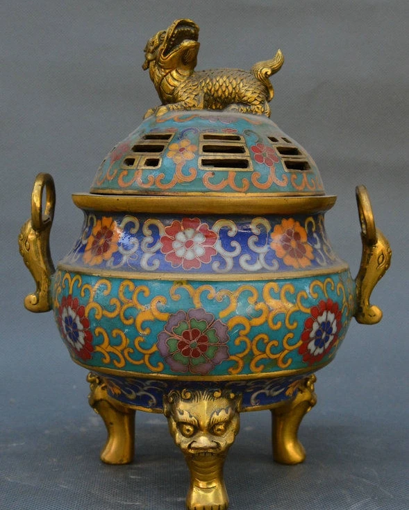 China Bronze Cloisonne Enamel Kylin Lion Beast Head Incense Burner Censer Statue
China Bronze Cloisonne Enamel Kylin Lion Beast Head Incense Burner Censer Statue