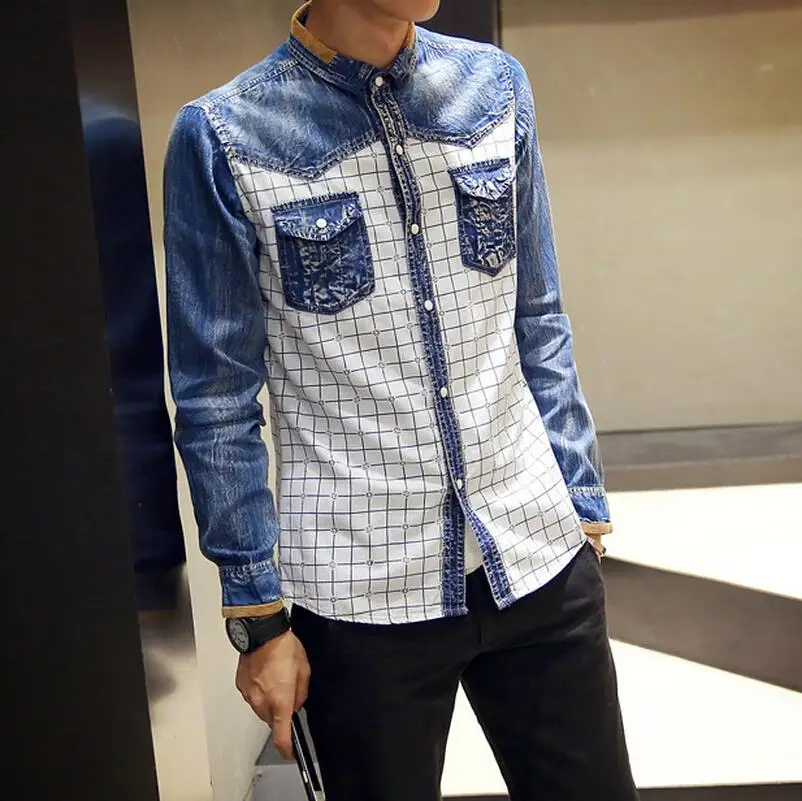 New Fashion Jeans Patchwork Mens Shirt Plaid Style Long Sleeve Korean Slim Fit Denim Shirts Male Brand Clothing Chemise Homme
New Fashion Jeans Patchwork Mens Shirt Plaid Style Long Sleeve Korean Slim Fit Denim Shirts Male Brand Clothing Chemise Homme