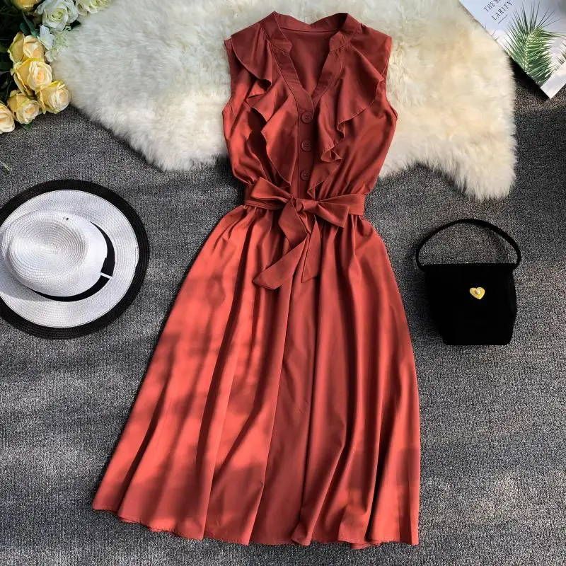 2021 Summer Women Bandage Strap V-Neck Sleeveless Chic Dress Lady Elastic Slim Waist Lace Up Irregular Ruffles Button Midi Dress
2021 Summer Women Bandage Strap V-Neck Sleeveless Chic Dress Lady Elastic Slim Waist Lace Up Irregular Ruffles Button Midi Dress