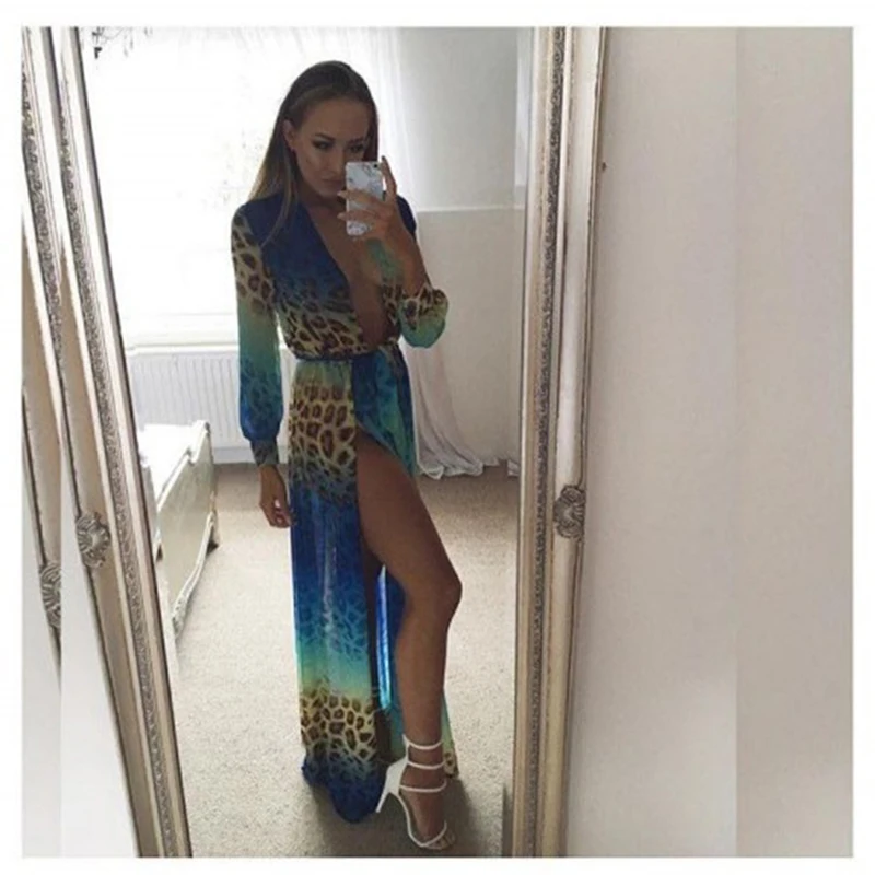Boho Blue/леопардовые макси платья с глубоким v образным вырезом и поясом пляжные