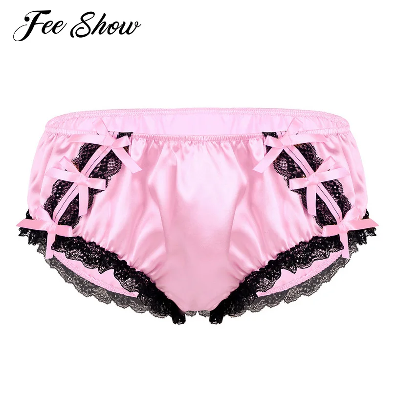 

Sexy Mens Underwear Shiny Soft Ruffled Floral Lace Satin Lingerie Briefs Panties Low Rise Stretchy Bikini Sissy Briefs Knickers