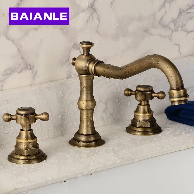 Deck Mounted Basin Faucet Three Holes Double Handles Widespread Bathroom Sink Faucet Antique Brass Finished Wash Basin Mixer Tap
Deck Mounted Basin Faucet Three Holes Double Handles Widespread Bathroom Sink Faucet Antique Brass Finished Wash Basin Mixer Tap