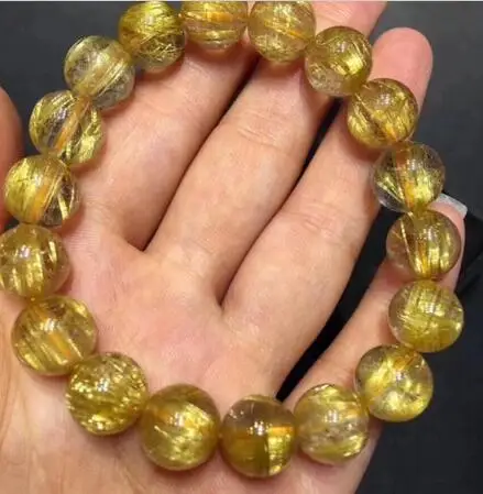 free shipping 11mm Natural Gold Rutilated Quartz Titanium Stretch Crystal Beads Bracelet | Украшения и аксессуары