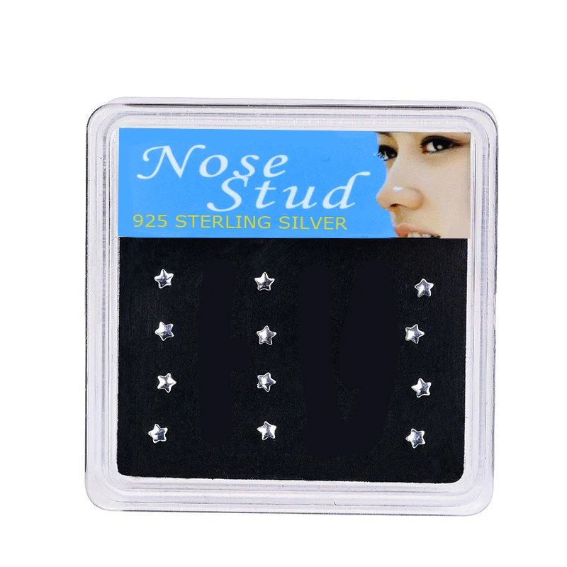 Женские серьги-гвоздики для пирсинга носа серебристого цвета в коробке 24 шт. |