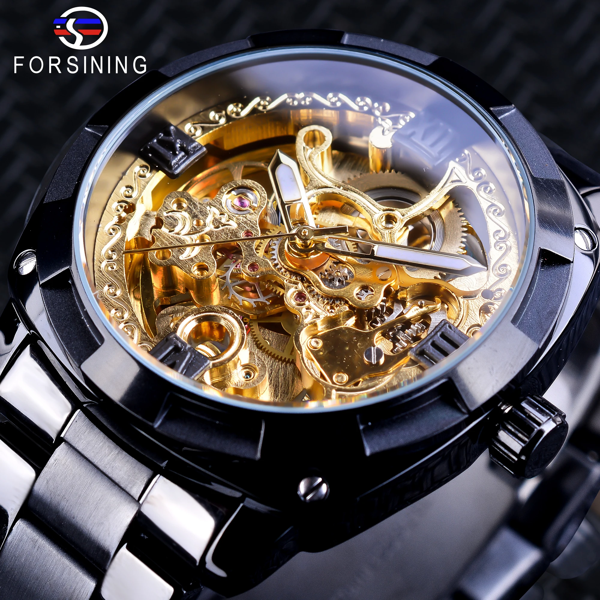 Forsining Retro Design Golden Skeleton Black Stainless Steel Transparent Watch Men Automatic Mechanical Watches Top Brand Luxury
Forsining Retro Design Golden Skeleton Black Stainless Steel Transparent Watch Men Automatic Mechanical Watches Top Brand Luxury