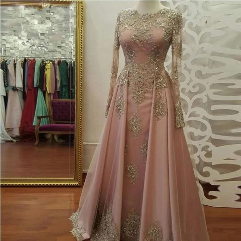 

Modest Long Sleeve Blush Pink Prom Gowns Evening Wear Lace Appliques Crystal Abiye Dubai Evening Gowns Caftan Muslim Party Dress