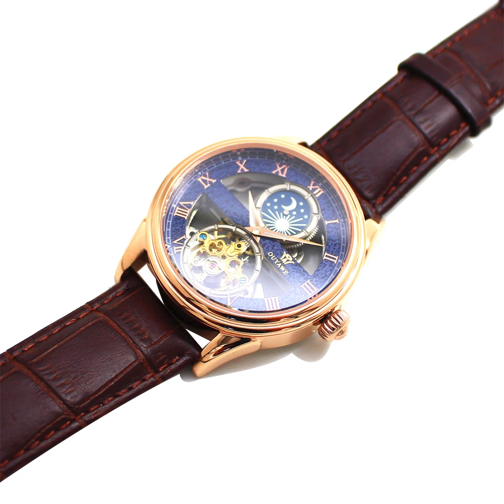 

OUYAWEI Montre homme Skeleton Tourbillon Mechanical Watch Men Moon Phase Automatic Rose Gold Leather Mechanical Wrist Watches